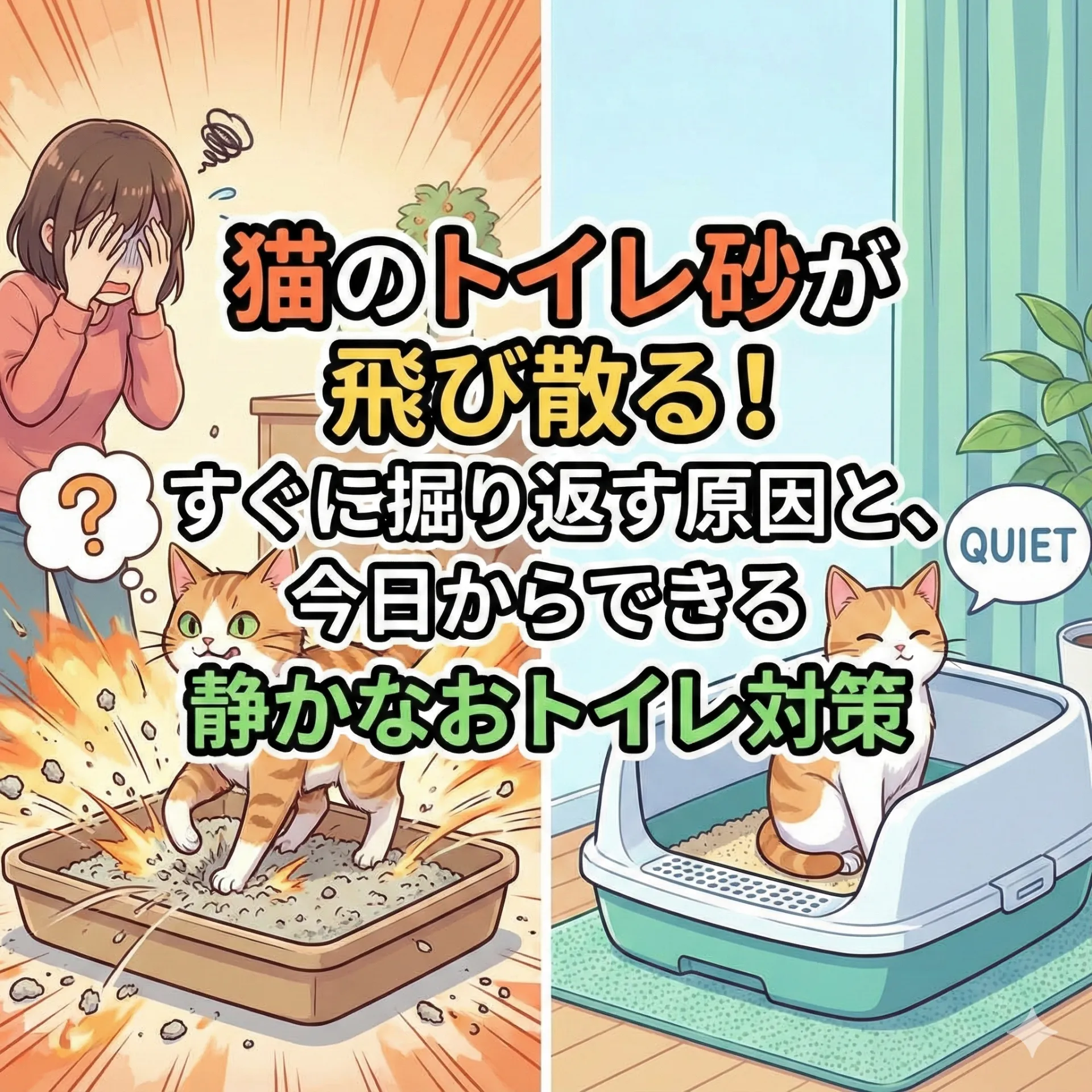猫のトイレ砂が飛び散る！すぐに掘り返す原因と、今日からできる静かなおトイレ対策